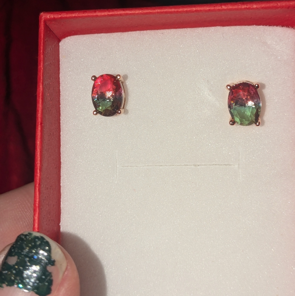Elegant 18 K Rose Gold Plated Watermelon Tourmaline Stud Earrings
